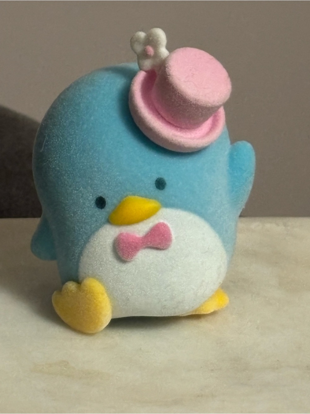 Sanrio Blue Tuxedo Sam Fuzzy Figurine Penguin with Pink Hat and Bow